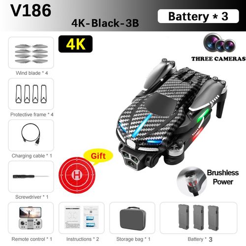 V186 Drone Sans Balais Professionnel Trois Caméras Hd Aérien 2,4g Photographie Obstacle Professionnel Jouet À Quatre Axes Cadeau Drone 8k 5g Gps Professional With 3 Battery Drone - Type 4k-Black-3b-Generique