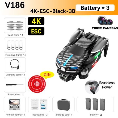 V186 Drone Sans Balais Professionnel Trois Caméras Hd Aérien 2,4g Photographie Obstacle Professionnel Jouet À Quatre Axes Cadeau Drone 8k 5g Gps Professional With 3 Battery - Type 4k-Esc-Black-3b-Generique