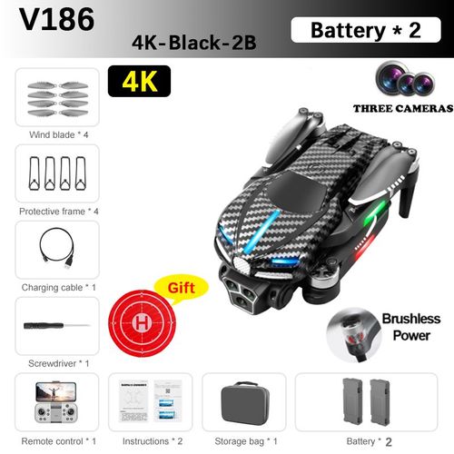 V186 Drone Sans Balais Professionnel Trois Caméras Hd Aérien 2,4g Photographie Obstacle Professionnel Jouet À Quatre Axes Cadeau Drone 8k 5g Gps Professional With 3 Battery Drone - Type 4k-Black-2b-Generique