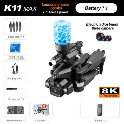 Drone Professionnel K11 Max Avec Trois Caméras Hd,Lancement De Bombes À Eau Fpv,Moteur Sans Balais,Jouets De Importateur Quadrirotor Rc,Cadeau Pliable,8k - Type K11-Black-1pcs-Generique