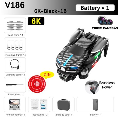 V186 Drone Sans Balais Professionnel Trois Caméras Hd Aérien 2,4g Photographie Obstacle Professionnel Jouet À Quatre Axes Cadeau Drone 8k 5g Gps Professional With 3 Battery Drone - Type 6k-Black-1b-Generique
