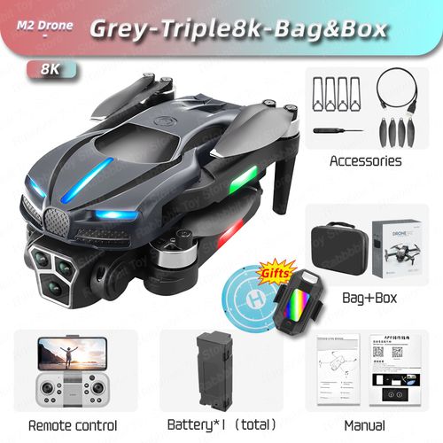 Drone Professionnel À Triple Caméra 8k,4k Esc Wifi Fpv,Évitement D'obstacles,Quatre Axes,Pliable,Rc,Photographie Aérienne,Jouet,Vente Tablier - Type Grey Triple8k Bag #A-Generique