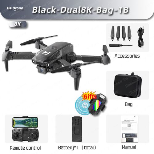 H4 Mini Drone 4k Wifi Fpv Grand Angle Hd Dual8k Caméra Recommande De Tenir Rc Pliable Quadcopter Hélicoptère Jouet Cadeau Tablier,Vente - Type Black-Dual8k-Bag-Generique