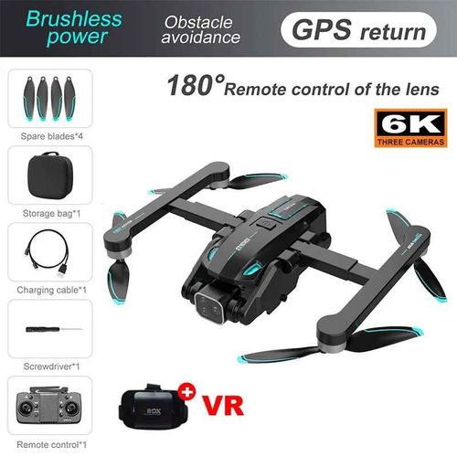 Drone S188 Rc 8k Gps Triple Caméra Hd Fpv,Photographie Aérienne,Wifi 5g,Localisation Optique,Évitement D'obstacles À Quatre Voies,Jouets Cadeaux - Type 6k Black Vr-Generique