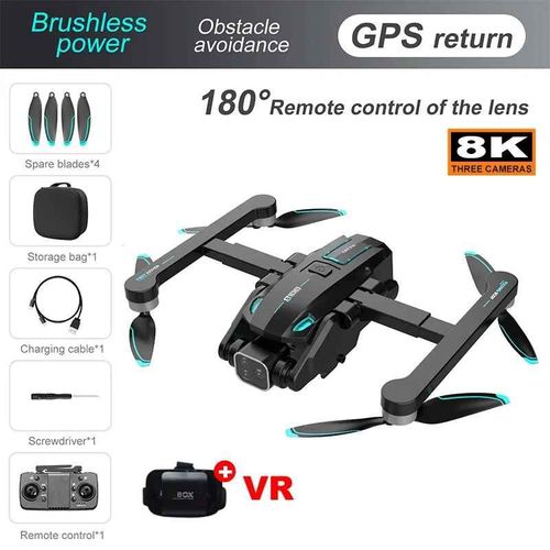 Drone S188 Rc 8k Gps Triple Caméra Hd Fpv,Photographie Aérienne,Wifi 5g,Localisation Optique,Évitement D'obstacles À Quatre Voies,Jouets Cadeaux - Type 8k Black Vr-Generique