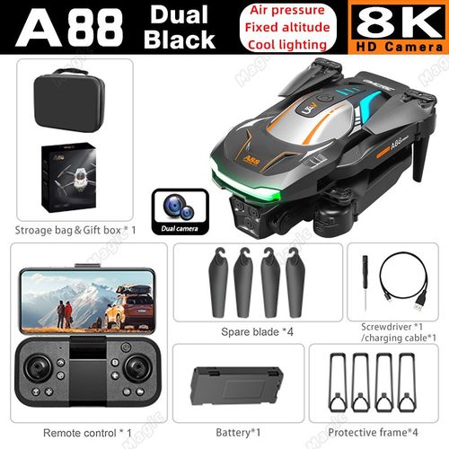 Drone Intelligent Télécommandé A88,Caméra Pour Touristes,Photographie Aérienne Haute Définition 8k,5g,Gps,Évitement D'obstacles,Quadrirotor,Tout Neuf - Type 8k Dual Black 1b-Generique