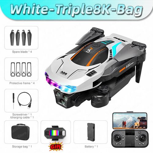 Drone Professionnel A88 8k,Quadrirotor Pliant,Photographie Aérienne,Évitement D'obstacles,Positionnement De Flux,Lumière Vendue - Type White-Triple8k-Bag-Generique