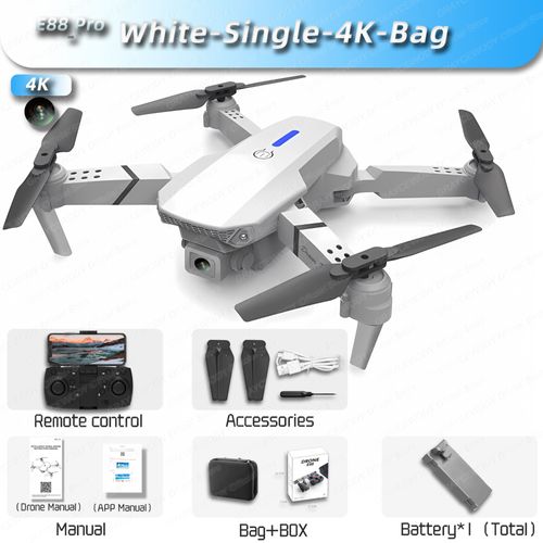 Mini Drone Rc E88pro 4k Professionnel,Caméra Hd Grand Angle Pour Touristes,Hélicoptère Rc Pliable,Wifi,Fpv,Supporte Le Tablier,Led,Vente - Type Black-Single-4k-Bag-Generique