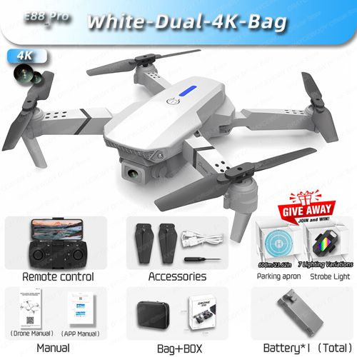 Mini Drone Rc E88pro 4k Professionnel,Caméra Hd Grand Angle Pour Touristes,Hélicoptère Rc Pliable,Wifi,Fpv,Supporte Le Tablier,Led,Vente - Type White-Dual-4k-Bag-Generique