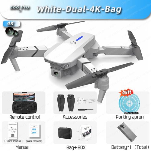 Drone E88pro Rc 4k Avec Caméra Hd Pour Touriste,Hélicoptère Rc Pliable,Wifi,Fpv,Grand Angle Professionnel,Supporte Le Tablier,2024 - Type White-Dual-4k-Bag-Generique
