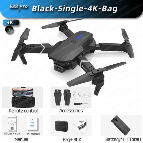 Drone E88pro Rc 4k Avec Caméra Hd Pour Touriste,Hélicoptère Rc Pliable,Wifi,Fpv,Grand Angle Professionnel,Supporte Le Tablier,2024 - Type Black-Single-4k-Bag-General Brand