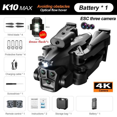 Drone K10max Avec Caméra 4k,Photographie Aérienne Professionnelle,Trois Caméras,Flux Optique,Pliable,Évitement D'obstacles - Type K10-Black-F-Generique
