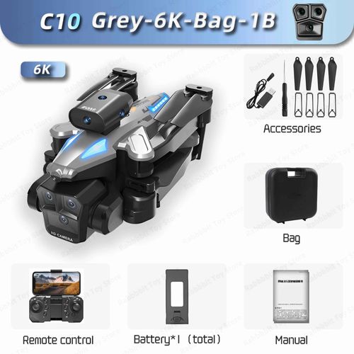 Drone Rc Gps C10,Max 6000m,Hd,Flux Optique,Positionnement Des Obstacles,Évitement Des Gestes,Photographie,Quadrirotor Pliable,Jouet,Cadeaux - Type Grey-6k-Bag-1b-Generique