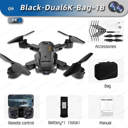 Q6-Mini Drone Professionnel Avec Caméra Hd Pour Touristes,8k,4k,5g,Wifi,Fpv,Évitement D'obstacles,Quadrirotor Pliant,Rc,Cadeau,Jouet,Tablier,Vente - Type Black-Dual6k-Bag-1b-Generique