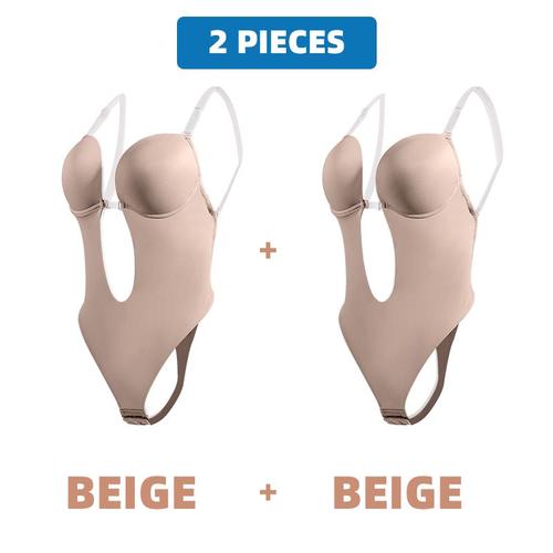 2pcs Beige Taille Xl(38) Body Moulant Pour Femmes, Sous-Vêtement Moulant, Décolleté En V Profond, Dos Nu, Sous-Vêtement Plongeant En U, String Sexy, Sous-Vêtement Amincissant, Corset De Mariage