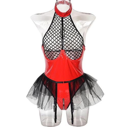 Rouge Taille S Ensemble De Lingerie Sexy En Maille Et Tissu Pour Le Visage, Avec Une Combinaison À La Mode, Noir Et Brillant, Style Gothique, 2683