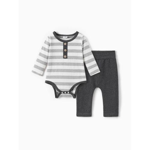 2 Pièces Bébé Garçon Pantalon 100% Coton Et Barboteuse Rayée À Manches Longues