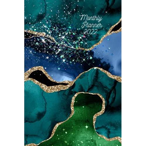 2022 Monthly Planner - Green Glitter - Agate Stone Effect - Perfect Organizer - From January Till December 2022