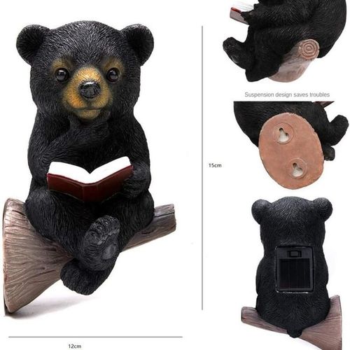 Sculpture d'ours de charge solaire,contrôle de la lumière,bébé,livre de lecture,statue de jardin,art de la cour,décor d'arbre de jardin - Type Black Bear