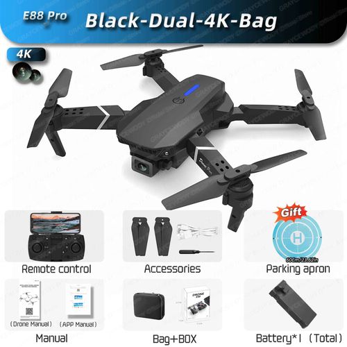 Drone Pliable Avec Caméra Hd Grand Angle Pour Touristes,Hélicoptère Rc,4k,Professionnel,Wifi,Fpv,Recommandé De Tenir Un Tablier,E88pro,1080p - Type Black-Dual-4k-Bag #Y-Generique