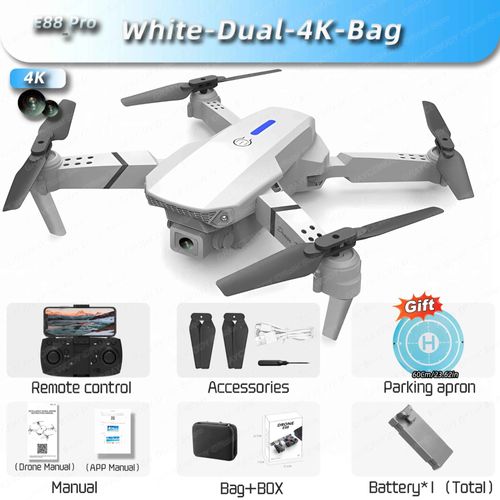 Drone Pliable Avec Caméra Hd Grand Angle Pour Touristes,Hélicoptère Rc,4k,Professionnel,Wifi,Fpv,Recommandé De Tenir Un Tablier,E88pro,1080p - Type White-Dual-4k-Bag #D-Generique