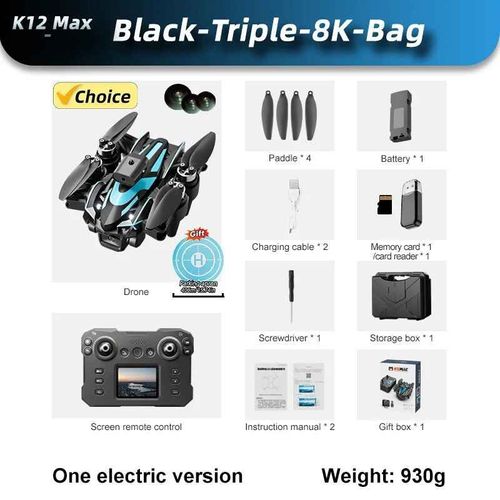 K12max-Drone Télécommandé Lcd,Caméra Hd Professionnelle 8k,Évitement D'obstacles,Photographie Aérienne,Flux Optique,Quadrirotor Pliable - Type Black-Triple8k-Bag-Generique