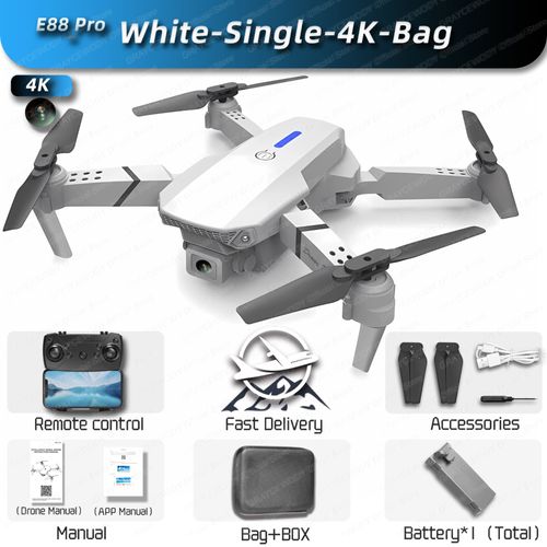 Drone Rc Professionnel E88pro 4k Avec Caméra Hd Grand Angle 1080p,Hélicoptère Pliable,Wifi,Fpv,Jouet Cadeau Recommandé - Type White-Single-4k-Bag-Generique