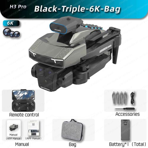 H3-Drone Professionnel Avec Triple Caméra 4k,8k,Évitement D'obstacles,Photographie Aérienne,Lightstream,Quadrirotor Pliable - Type Black-Triple6k-Bag-Generique