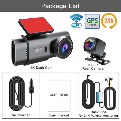 Caméra de Tableau de Bord Ultra HD 4K pour Voiture,GPS,Wifi,Moniteur de Stationnement 24h,Vision Nocturne,DVR,Enregistreur Vidéo WDR Avant et Arrière - Type WiFi-GPS-BL-Aucun