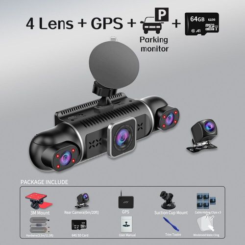 Caméra de tableau de bord DVR de voiture,64 Go gratuit,WiFi,GPS,moniteur de stationnement 24h,4 objectifs * HD 360 P,enregistreur vidéo,outil câblé,télécommande,1080 - Type AW2P-4ch GPS 24H 64G