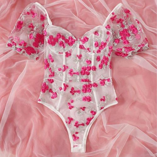 Rose Taille M Body Sexy Et Sensuel, Sous-Vêtement Érotique Avec Broderie Florale, Soutien-Gorge Push Up En Maille, Tenue De Tentation