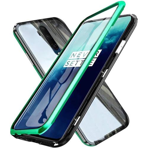 Coque Pour Oneplus 7t Pro Étui 360 Degrés Complet Protection Magnétique Adsorption Flip Cover Métal Bumper Frame Ultra Mince Transparent Avant Et Arrière Double Côtés Verre Trempé Housse,Vert