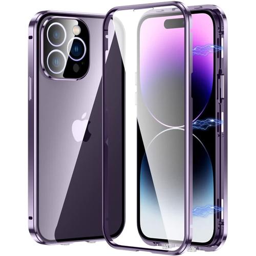 Coque Pour Iphone 14 Pro Magnétique Etui Avec Protecteur D'objectif De Caméra 360 Degrés Protection Antichoc Cover Métal Bumper Et Avant Et Arrière Transparente Verre Trempé Violet