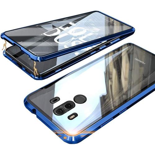 Coque Pour Huawei Mate 10 Pro Cover Magnétique Adsorption 360 Degrés Protection Etui Ultra Mince Transparent Verre Trempé Plein Écran Avant Et Après Housse Bumper Métal Frame Flip Case Bleu