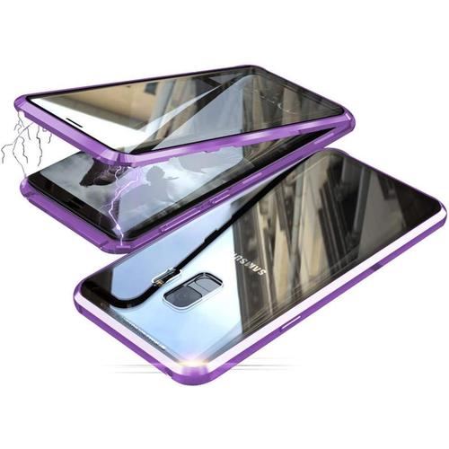 Coque Pour Samsung Galaxy S9 Cover Magnétique Adsorption 360 Degrés Protection Etui Ultra Mince Transparent Verre Trempé Plein Écran Avant Et Après Housse Bumper Métal Frame Flip Case,Pourpre