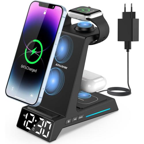 Chargeur Induction - Reveil Chargeur Sans Fil 4 En 1, Socle De Recharge Pour Iphone 15 14 13 12 11 Pro Max/Samsung Phone, Pour Airpods Pro/3/2, Apple Watch 9/8/7/6/5/Se/4/3/2