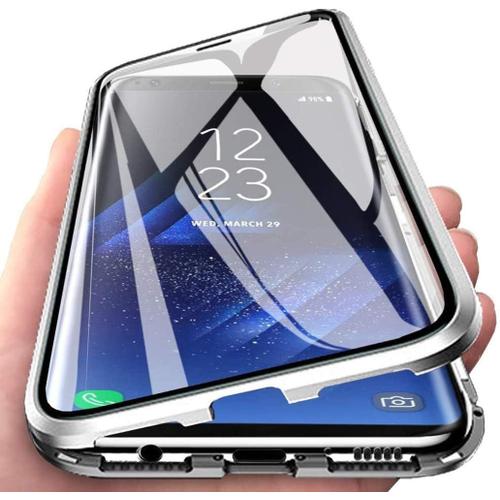 Coque Pour Samsung Galaxy A50 Adsorption Magnétique Avec Verre Transparent Trempé Etui Samsung A50/A50s/A30s Housse Antichoc Aluminium Métal 360 Degrés Protection Flip Case Argent