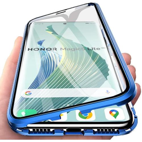 Coque Pour Honor Magic 5 Lite / X9a, Coque D'adsorption Magnétique Ultra Mince À 360° Housse De Protection En Avant Et Arrière Verre Trempé Etui Transparent Métallique Antichoc, Bleu