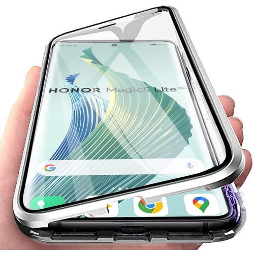 Coque Pour Honor Magic 5 Lite / X9a, Coque D'adsorption Magnétique Ultra Mince À 360° Housse De Protection En Avant Et Arrière Verre Trempé Etui Transparent Métallique Antichoc, Argent