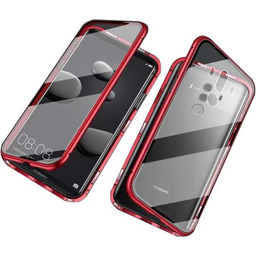 Coque Pour Huawei Mate 10 Pro Coque D'adsorption Magnétique Ultra Mince À 360° Housse De Protection En Avant Et Arrière Verre Trempé Etui Transparent Métallique Antichoc Rouge