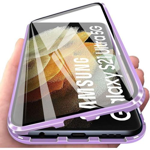 Coque Pour Samsung Galaxy S21 Ultra Magnétique Adsorption 360 Degré Protection Étui Double Côtés Transparent Verre Trempé Case Roland Violet