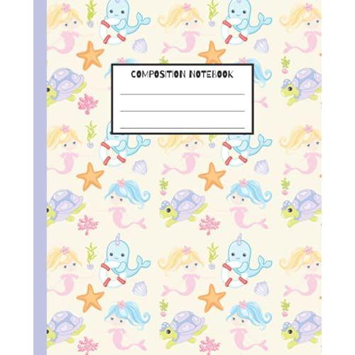 Mermaid Composition Notebook: Wide Ruled, 100 Pages, 7.5" X 9.25", Sea Life Blue Magic Whale Turtle Pattern