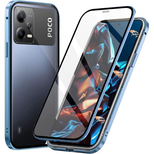 Coque Pour Xiaomi Poco X5 5g Adsorption Magnétique Coque Avant Et Arrière Verre Trempé Case Cover Bumper Métal Frame Cover 360 Degrés Antichoc Ultra Mince Etui Housse Bleu