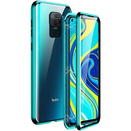 Coque Pour Xiaomi Redmi Note 9 Cover 360 Degrés Protection Étui Magnétique Adsorption Flip Case Métal Bumper Frame Ultra Mince Housse Transparent Avant Et Arrière Verre Trempé Cover, Vert