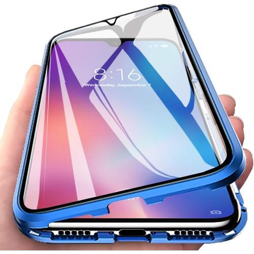 Coque Pour Samsung Galaxy A10, Coque D'adsorption Magnétique [Verre Trempé Double Face] [Cadre Protectrice Métallique] Protection 360° Protection Écran Aimante Coque, Bleu