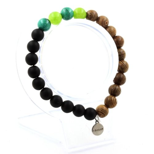 Bracelet Perles Malachite Du Congo + Péridot + Onyx Noir Mat + Bois 8 Fabriqué En France.