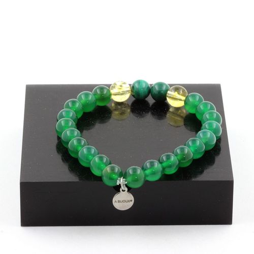 Bracelet Perles Malachite Du Congo + Citrine + Agate Verte 8 Mm. Fabriqué En France.