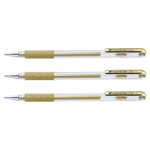 Pentel Lot De 3 Stylos Roller À Encre Hybrid Gle Grip Metallic K118, Or