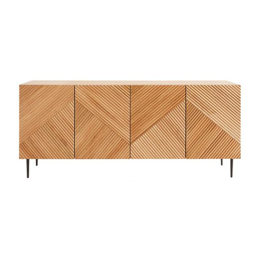 Buffet Design En Bois Clair Chêne Massif Gravé Et Métal Noir 4 Portes L180 Cm Archipel