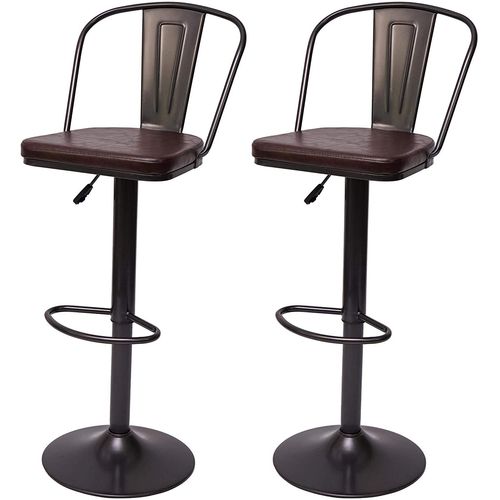 2x Tabourets De Bar En Synthétique Marron Et Métal Noir Style Industrielle Hauteur Réglable Tdb04053